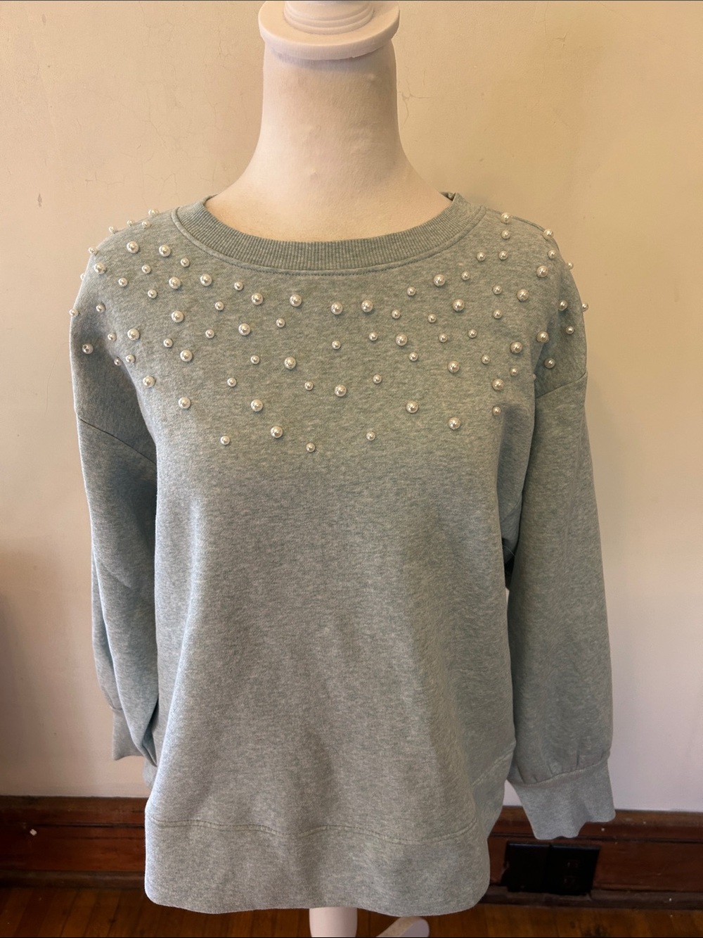 Loft Pearl-Embellished Crewneck Sweatshirt - Light blue Size LP NWT